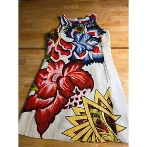 Desigual White Floral Cotton Sleeveless Pencil Dress Spanish Colorful 42